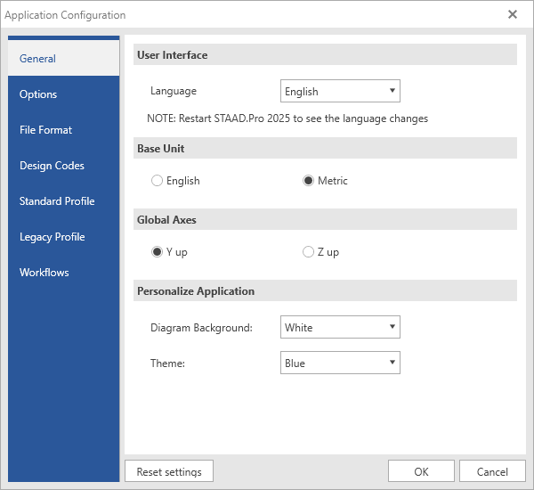 STAAD.Pro Application Configuration dialog showing the Base Unit setting under General, with Metric selected
